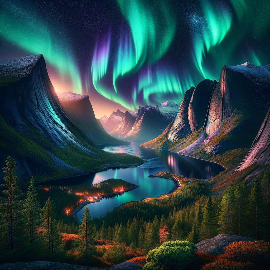Northern Lights illuminating a serene Nordic landscape with fjords and dense forests in an epic, painterly style.