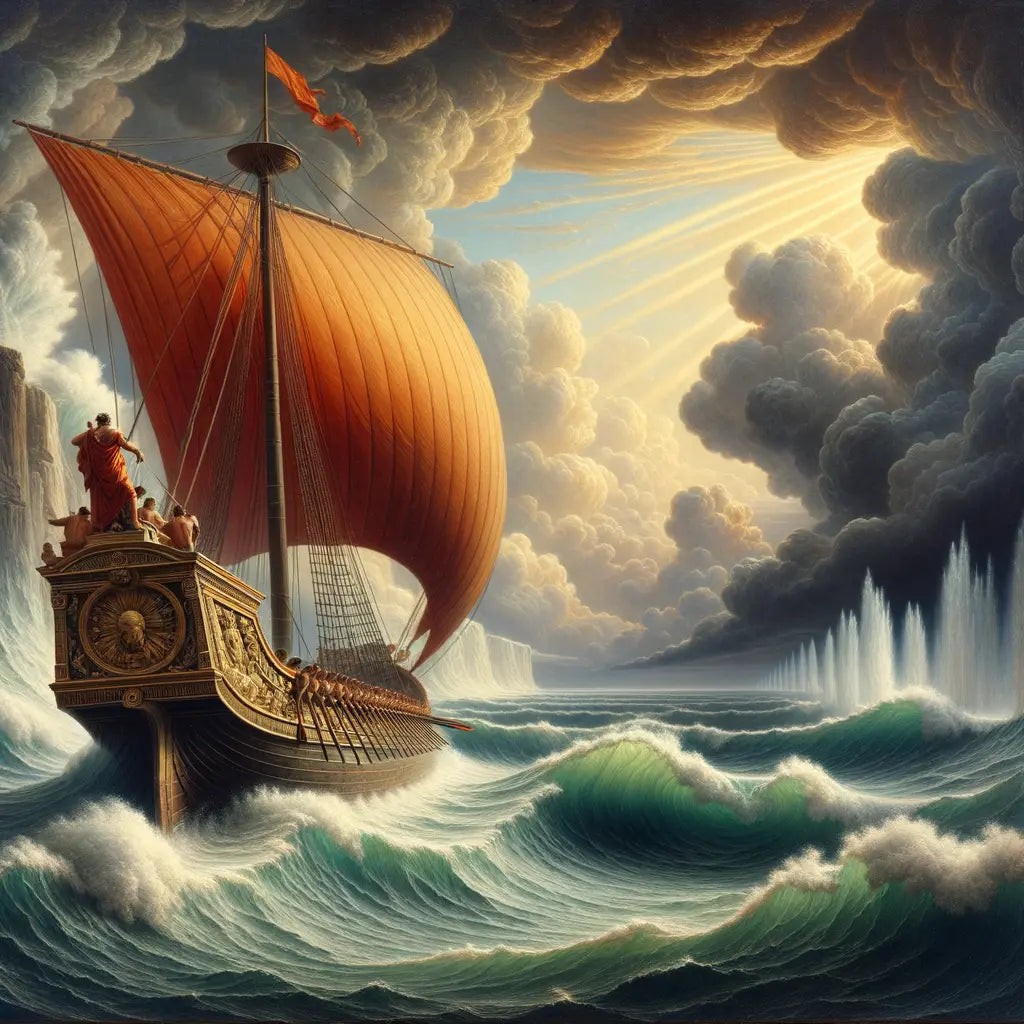 A Roman trireme navigating a stormy sea, symbolizing Stoic philosophy, with dramatic waves and a philosopher at the helm in a classic 1960s style.