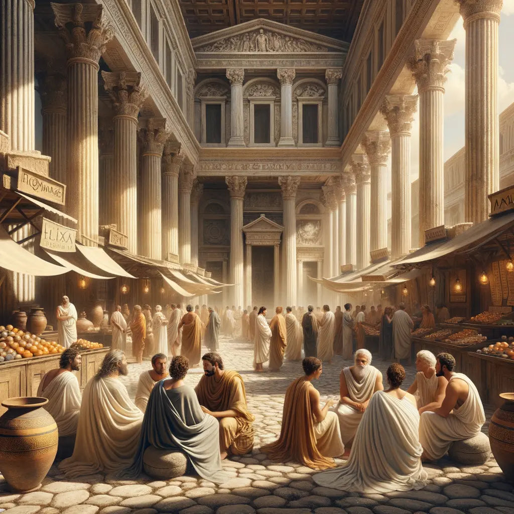 Philosophers engaged in serene discussion in an ancient Greek marketplace, set against grand classical architecture, inspired by classic 1960s historical films.