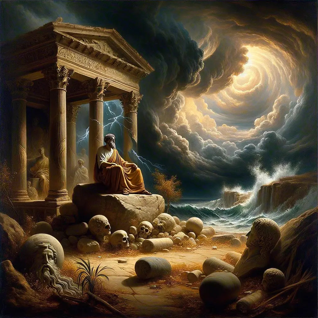 A Roman philosopher meditates calmly during a storm, symbolizing Stoic peace amidst chaos, in a style akin to 1960s historical epics.