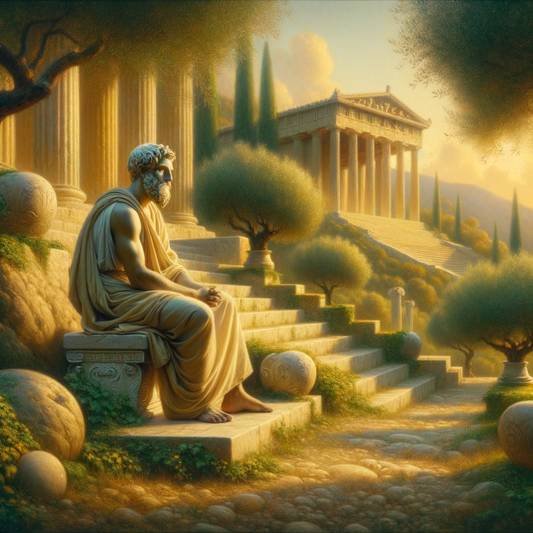 A stoic philosopher in a tranquil ancient Greek landscape, seated in deep contemplation among classical architecture, evoking timeless wisdom in a cinematic style reminiscent of 1960s historical films.
