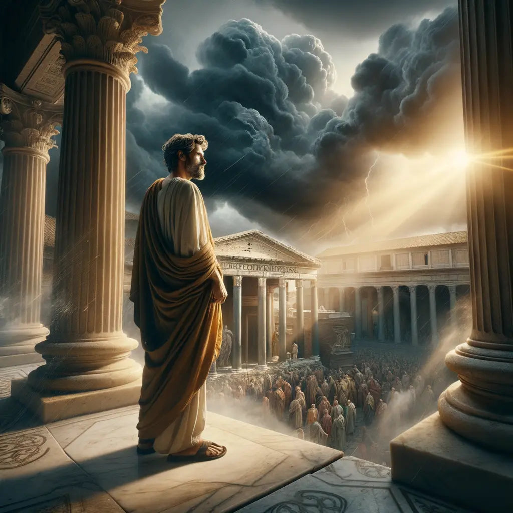 Roman philosopher in deep contemplation amidst a storm in the Roman forum, capturing serenity amid chaos in a style inspired by 1960s historical films.