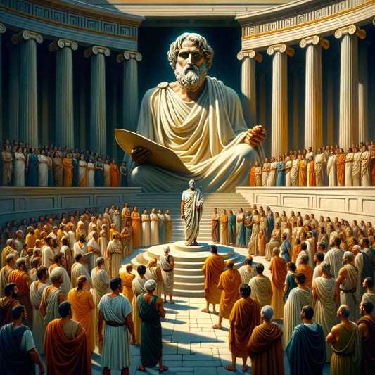 An ancient Greek philosopher holding a scroll with intricate designs, surrounded by listeners in classical attire against a backdrop of Greek architecture, inspired by 1960s historical epic films.