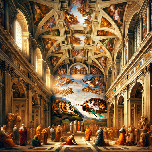 Renaissance artists admire Michelangelo's 'The Creation of Adam' on the Sistine Chapel ceiling, depicted in a grand cinematic style.