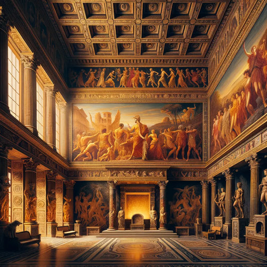 Vividly decorated ancient Roman villa room with the colorful Dionysiac Frieze, featuring dynamic figures in a theatrical setting.