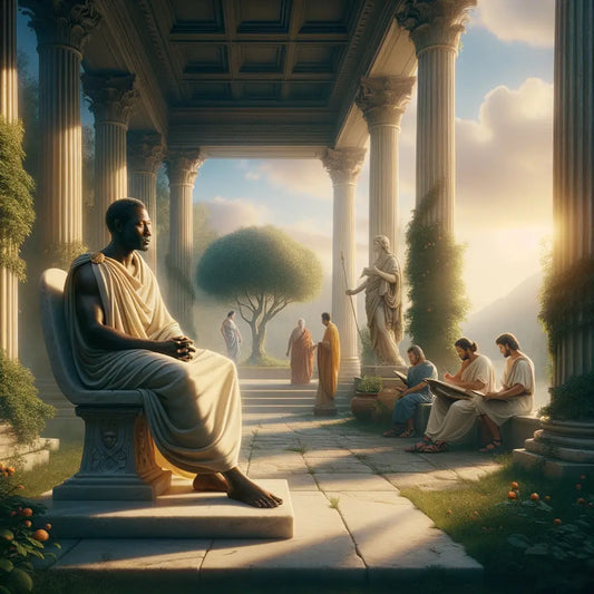 A serene Roman philosopher in a garden, contemplating nature, embodying Stoic philosophy's calm acceptance, inspired by 1960s historical films.