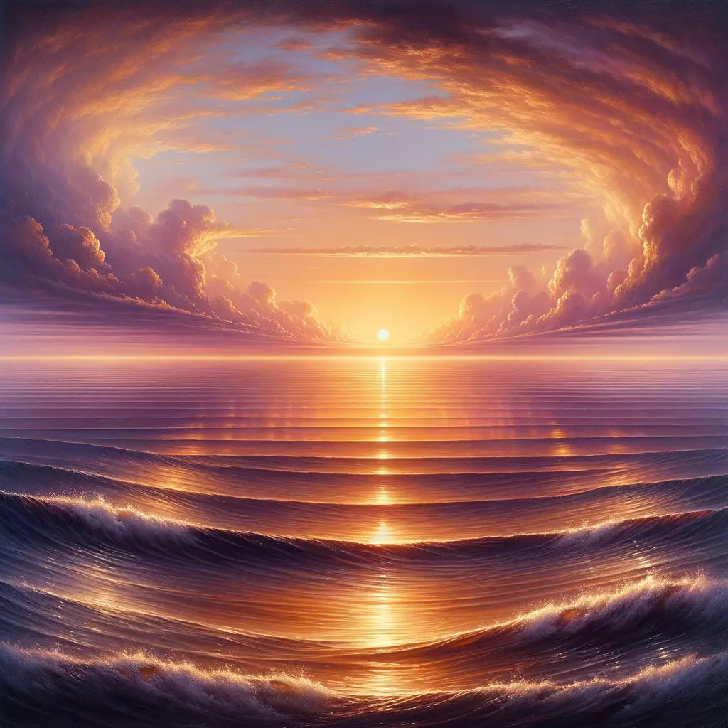 Cinematic sunset over a vast ocean, symbolizing peace and life's cycles, in a style reminiscent of 1960s epic films.