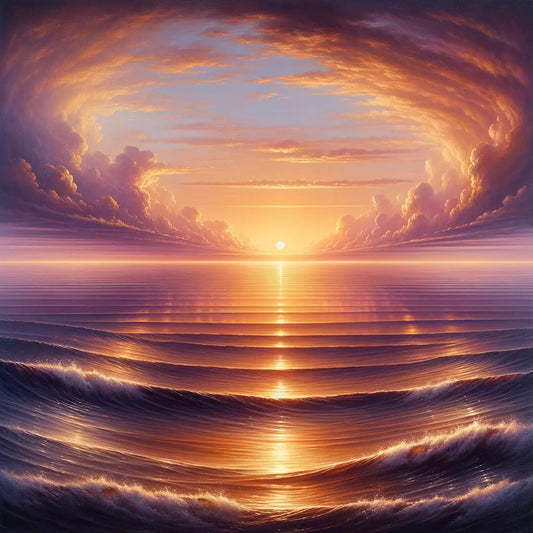 Cinematic sunset over a vast ocean, symbolizing peace and life's cycles, in a style reminiscent of 1960s epic films.