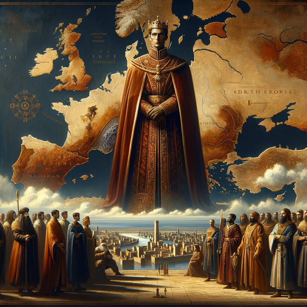 Charlemagne in regal attire commanding his empire, with a backdrop highlighting the Frankish territorial influence on an early medieval Europe map, styled after 1960s historical epics.