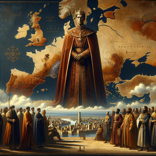 Charlemagne in regal attire commanding his empire, with a backdrop highlighting the Frankish territorial influence on an early medieval Europe map, styled after 1960s historical epics.