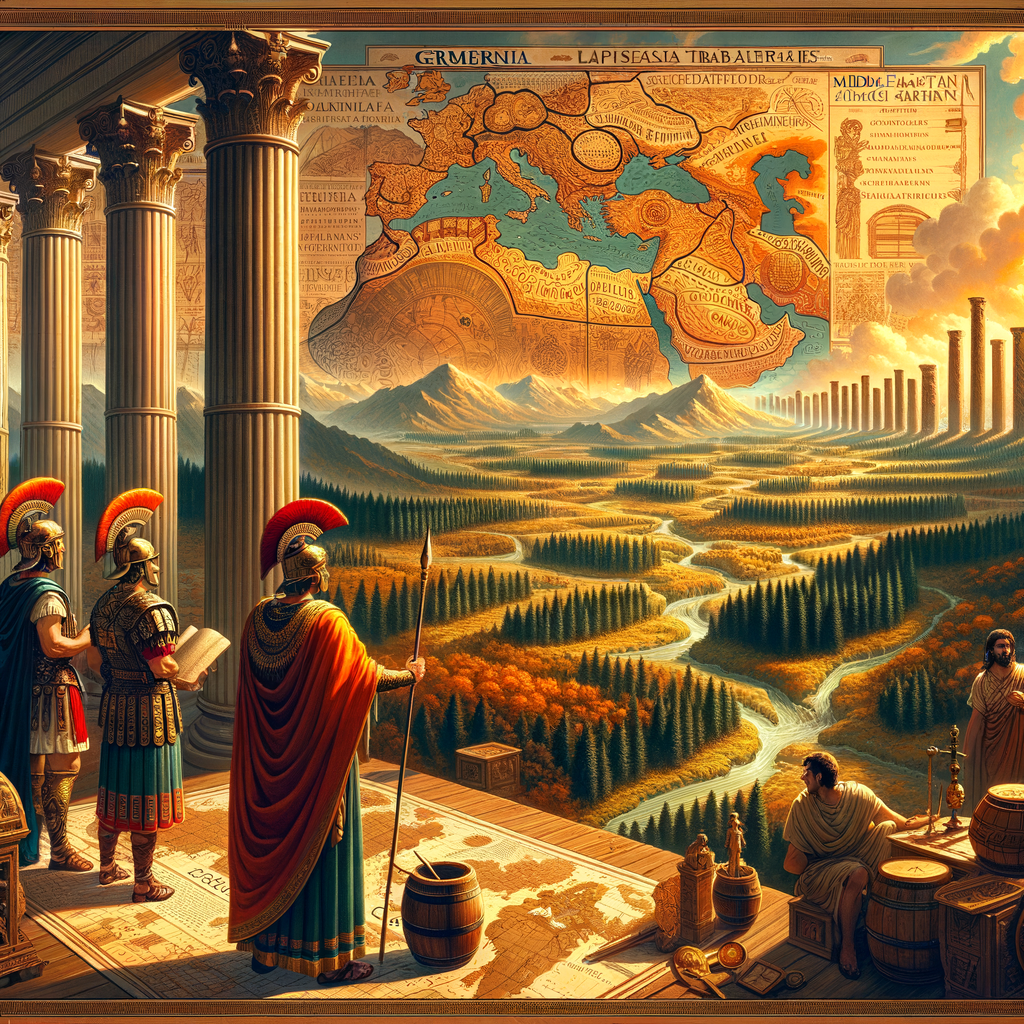 Roman-era map showcasing Germania's tribal territories with a Roman cartographer and soldier analyzing it, styled like a 1960s historical epic painting.