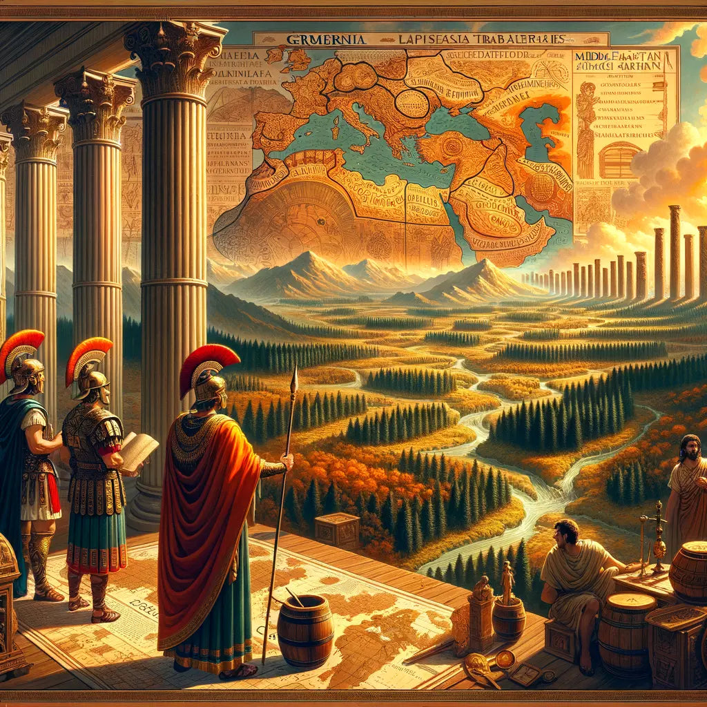 Roman-era map showcasing Germania's tribal territories with a Roman cartographer and soldier analyzing it, styled like a 1960s historical epic painting.