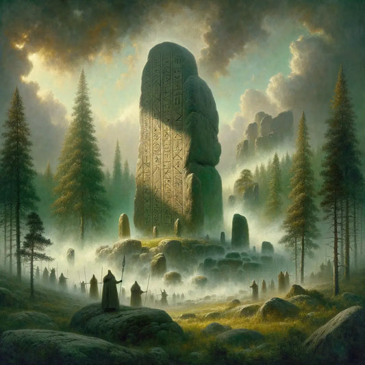 Ancient rune stone in a misty forest setting, surrounded by early Germanic figures.