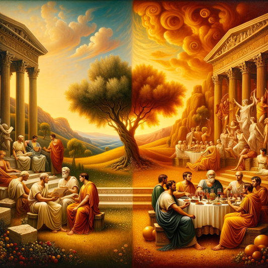 A cinematic painting depicting the contrast between Stoicism and Libertinism in a Roman courtyard setting, inspired by 1960s historical film style.