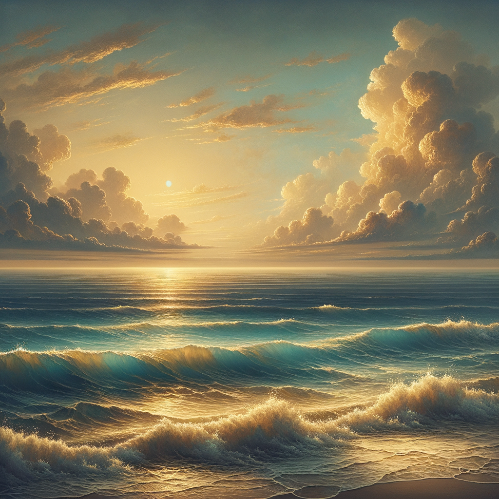 A serene ocean horizon with gentle waves symbolizing Stoic tranquility, inspired by classic historical films' style.