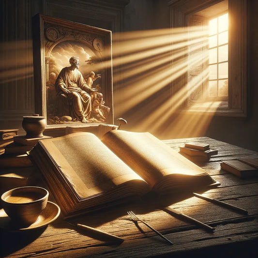 An open book on a wooden table with sunlight streaming over it, symbolizing enlightenment, next to a cup of coffee, capturing a moment of morning reflection.