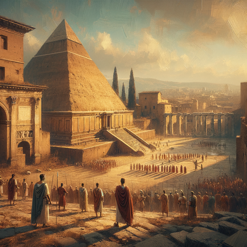 The Pyramid of Cestius in Rome, juxtaposed against ancient city walls, in a style echoing 1960s historical films.