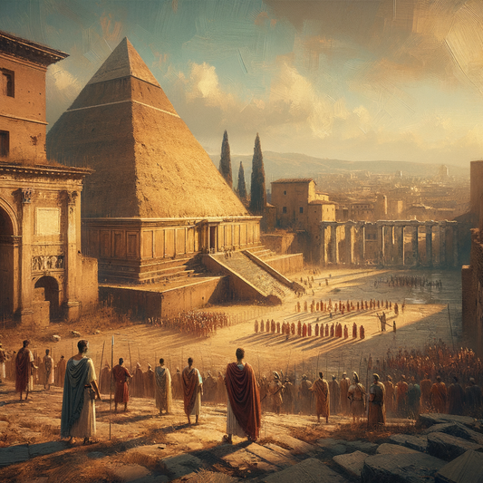 The Pyramid of Cestius in Rome, juxtaposed against ancient city walls, in a style echoing 1960s historical films.