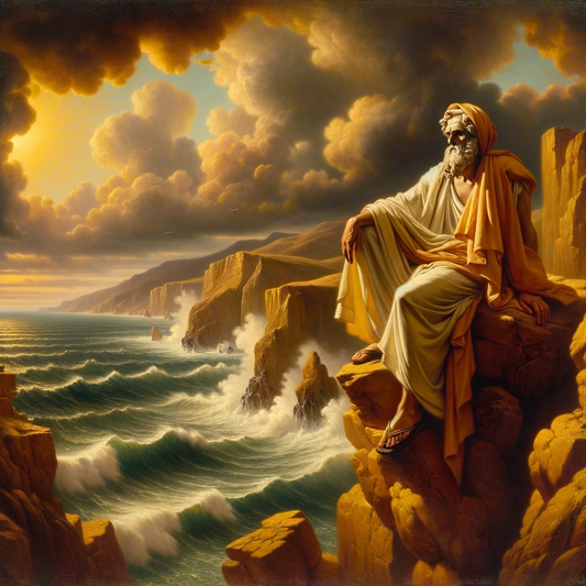 Ancient Greek philosopher in white robe stands calmly on rocky cliffs, facing a stormy sea, embodying Stoic wisdom.