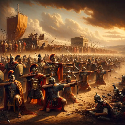 Roman sagittarius archers aiming bows on a battlefield with military formation, styled like a 1960s historical epic.