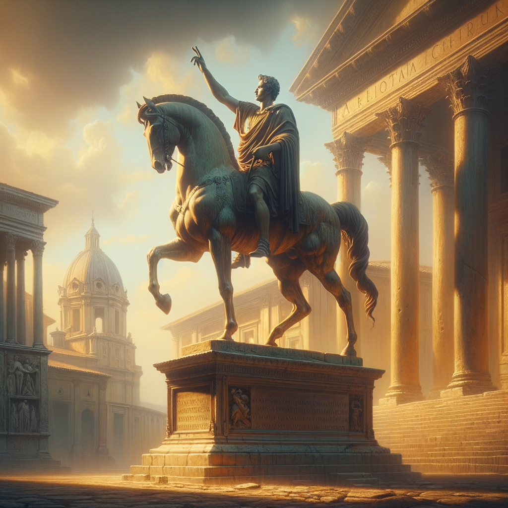 Equestrian Statue of Marcus Aurelius with a raised arm, bathed in golden sunlight, evoking classical Roman authority in a 1960s historic film style.