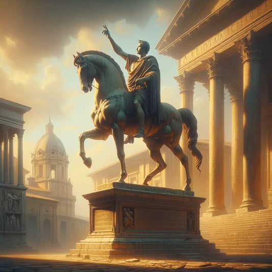 Equestrian Statue of Marcus Aurelius with a raised arm, bathed in golden sunlight, evoking classical Roman authority in a 1960s historic film style.