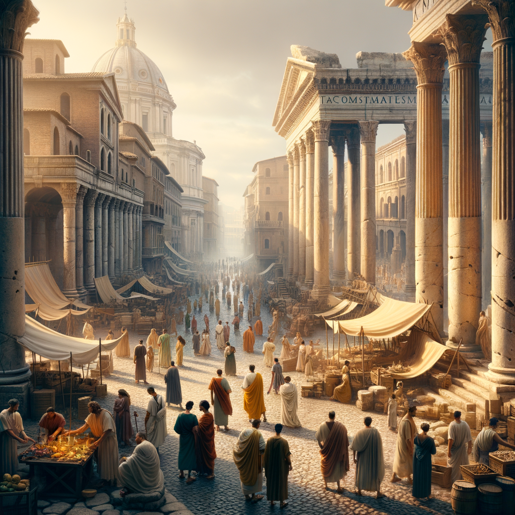Bustling ancient Roman street scene with citizens in traditional attire amidst grand architecture, inspired by 1960s historical epic films.