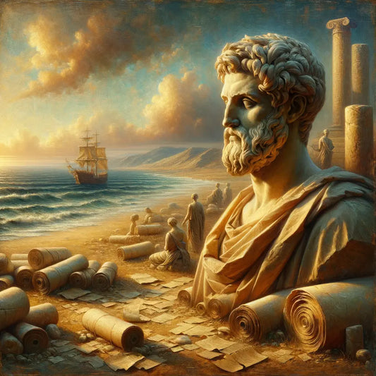 A serene Greek philosopher statue symbolizing wisdom, set against ancient scrolls and a calm sea, painted in the style of a 1960s historical epic.