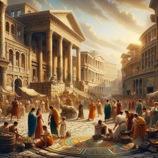 Bustling ancient Roman street scene, with sunlight on detailed mosaics and citizens in togas, inspired by 1960s historical epic films.