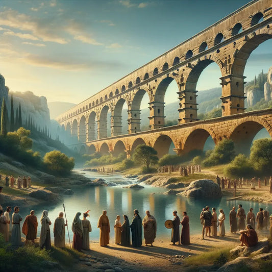 The Pont du Gard aqueduct in a lush valley with engineers, set against clear blue skies, in the style of 1960s Roman historical films.
