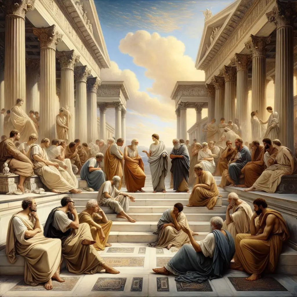 Ancient Greek philosophers in a classical setting, discussing stoic principles, depicted in the style of a 1960s historical epic film.