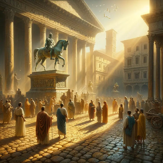 Equestrian Statue of Marcus Aurelius in a bustling Roman square, surrounded by cobblestones and crowds, in a style reminiscent of 1960s historical epics.