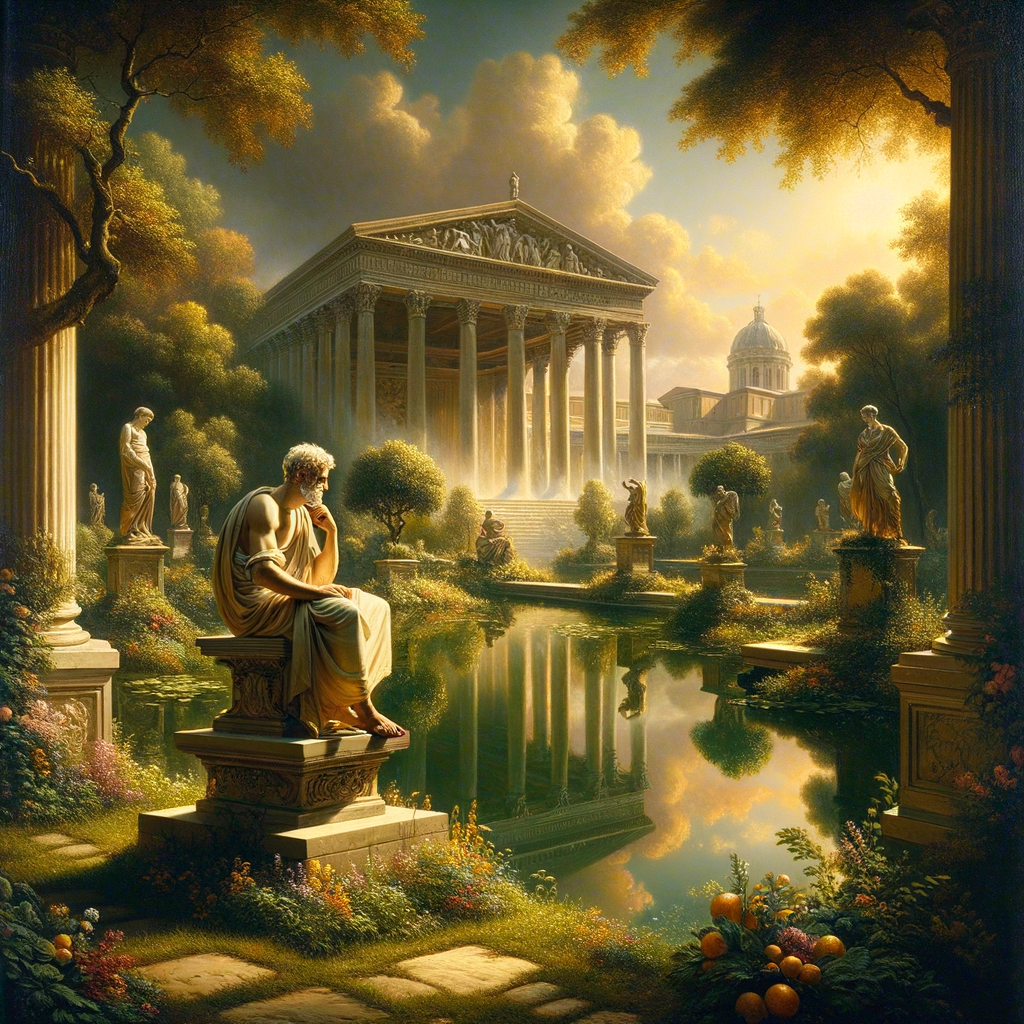 A philosopher in a toga meditates peacefully by a pond in a Roman garden, symbolizing Stoic inner peace, in 1960s historical epic style.