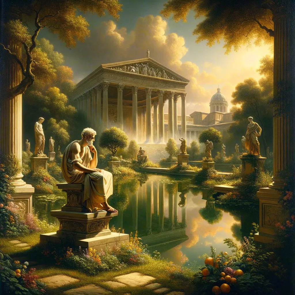 A philosopher in a toga meditates peacefully by a pond in a Roman garden, symbolizing Stoic inner peace, in 1960s historical epic style.