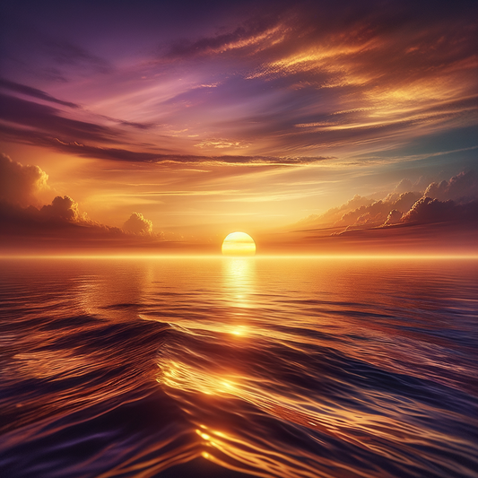 Serene sunset over a calm ocean, symbolizing life's end and beauty, in a 1960s film epic style.