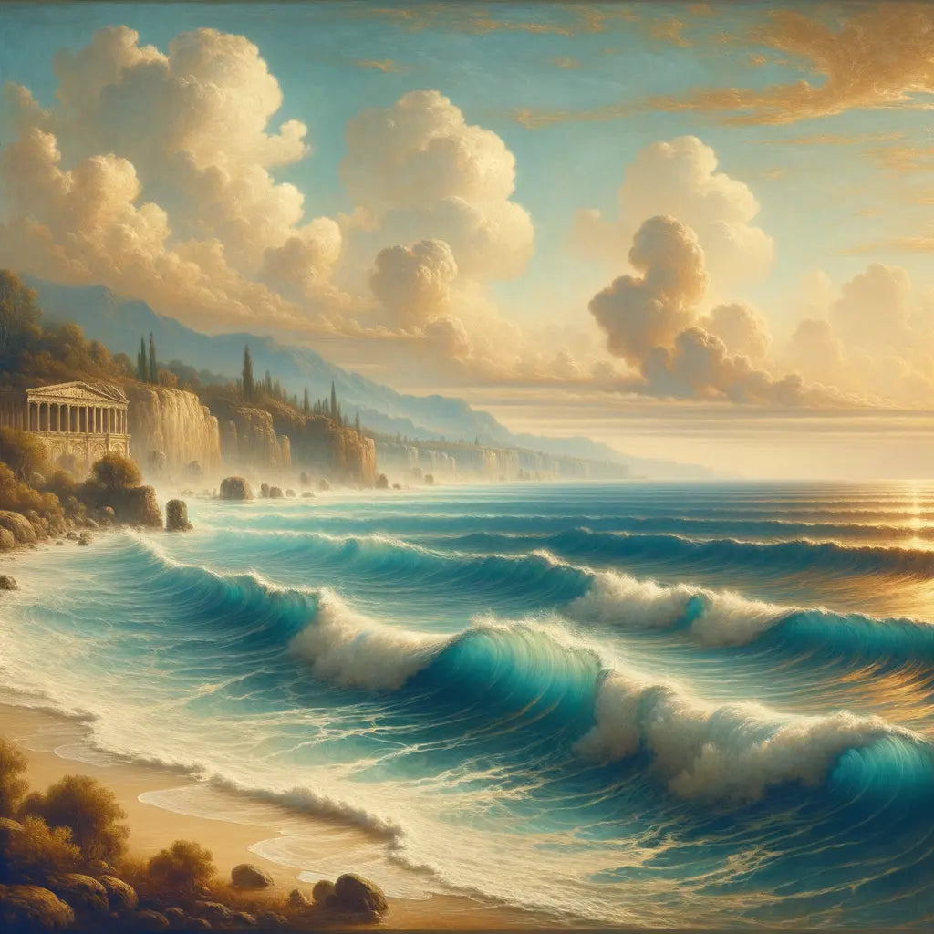 A serene ocean scene with gentle waves on a Roman-themed shore, inspired by 1960s historical film imagery.