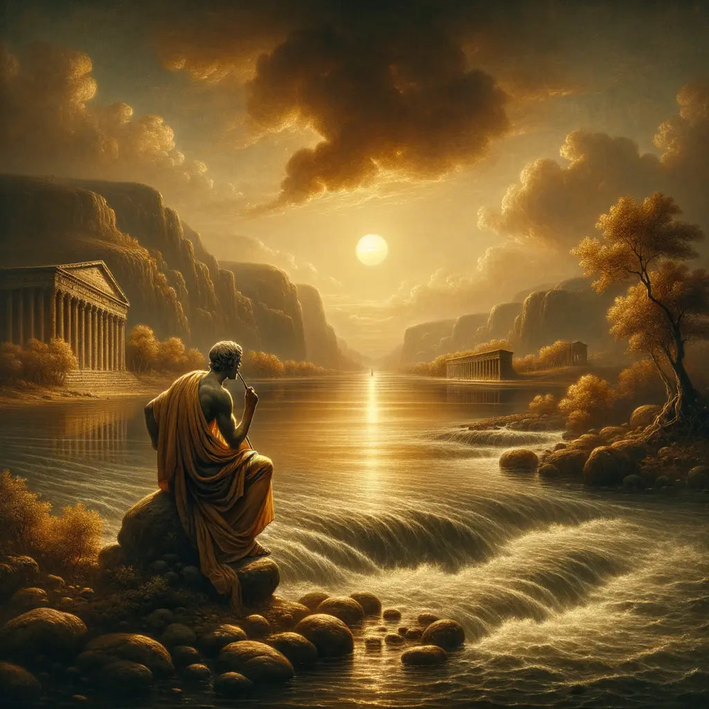 A tranquil river flowing into the sea at sunset, symbolizing the Stoic cycle of life and death, captured in a cinematic 1960s historical epic style.
