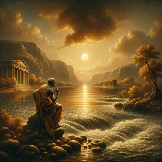 A tranquil river flowing into the sea at sunset, symbolizing the Stoic cycle of life and death, captured in a cinematic 1960s historical epic style.