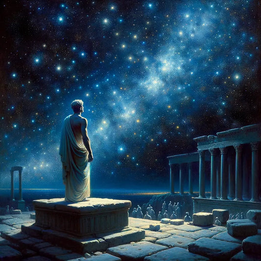 Roman philosopher gazing at a twinkling night sky, representing Stoic philosophy, in a 1960s historical epic film style.