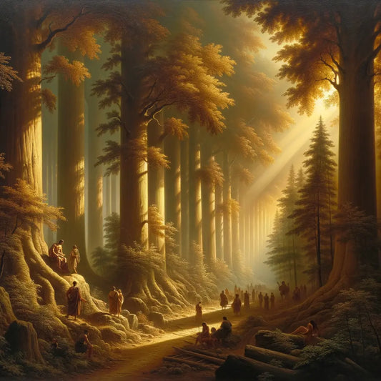 Serene forest pathway with dappled sunlight filtering through ancient trees, Roman figures in contemplation, symbolizing life's journey in a 1960s historical film style.