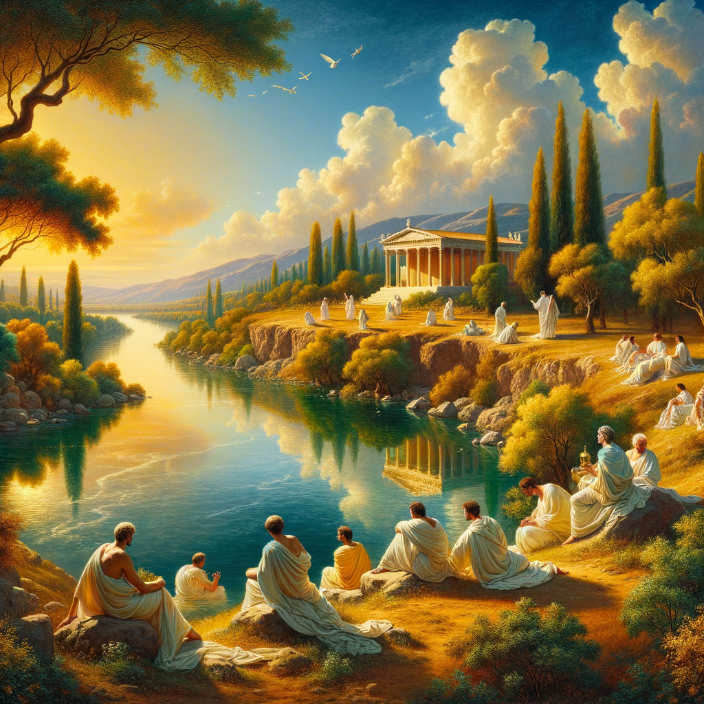 A serene river flowing into the sea, with Roman philosophers standing by, symbolizing Stoic views on death, painted in a 1960s epic style.