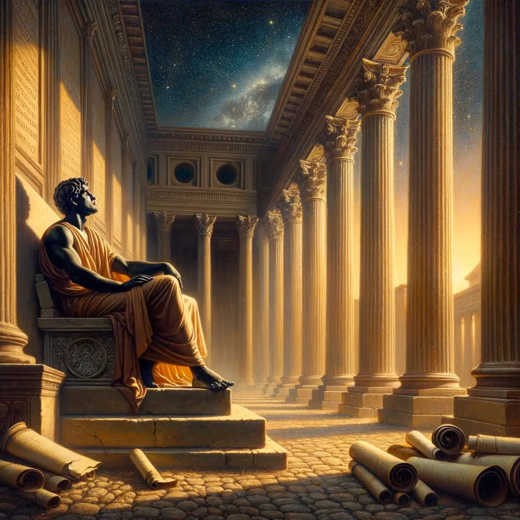 Ancient Roman philosopher in a toga gazing towards the sky in a colonnade, surrounded by scrolls, reflecting on the cosmos, in the style of a 1960s historical film.