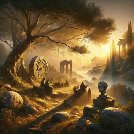 A serene dawn landscape with Roman philosophers in contemplation, featuring a skull and ancient timepiece symbolizing 'Memento Mori', painted in a majestic 1960s epic style.