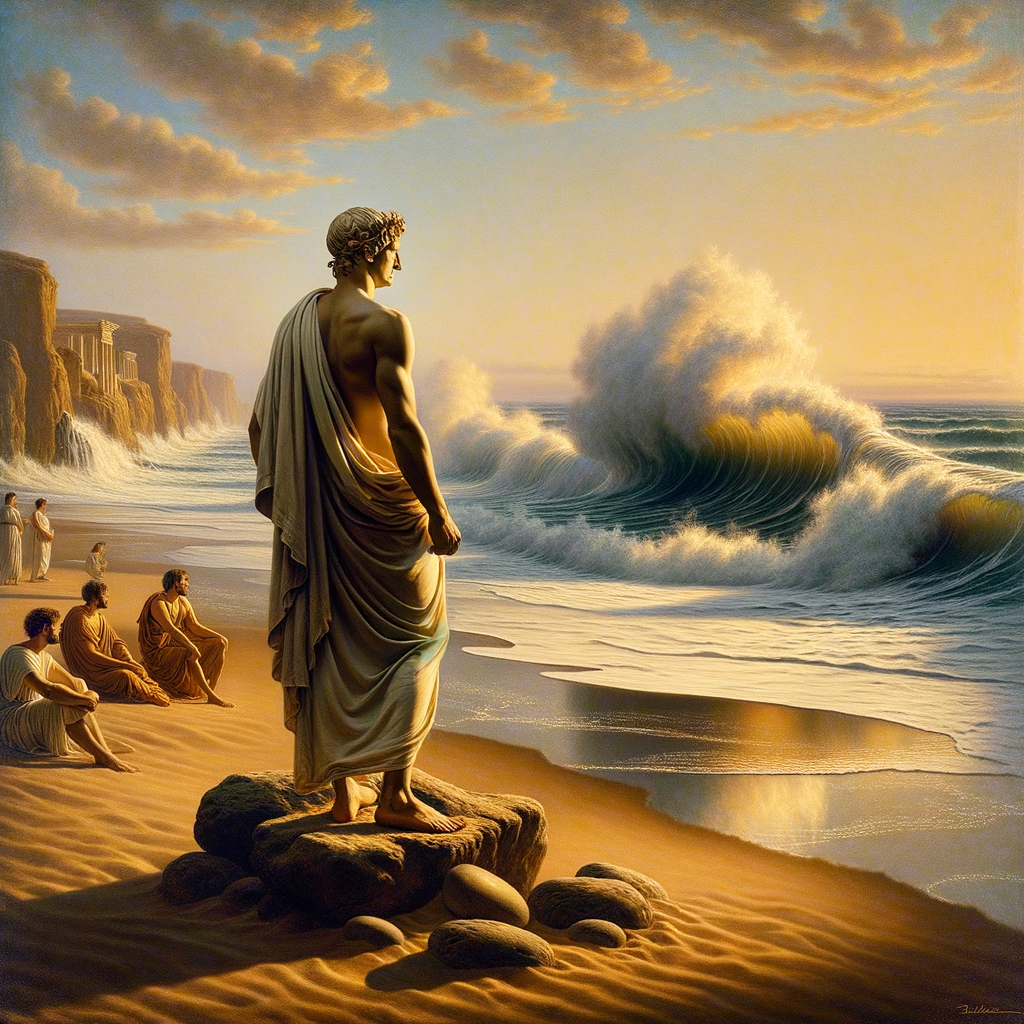 A Roman philosopher stands contemplatively on a serene beach, waves crashing behind him, symbolizing the meeting of external chaos with inner stoic peace, inspired by 1960s historical epic films.