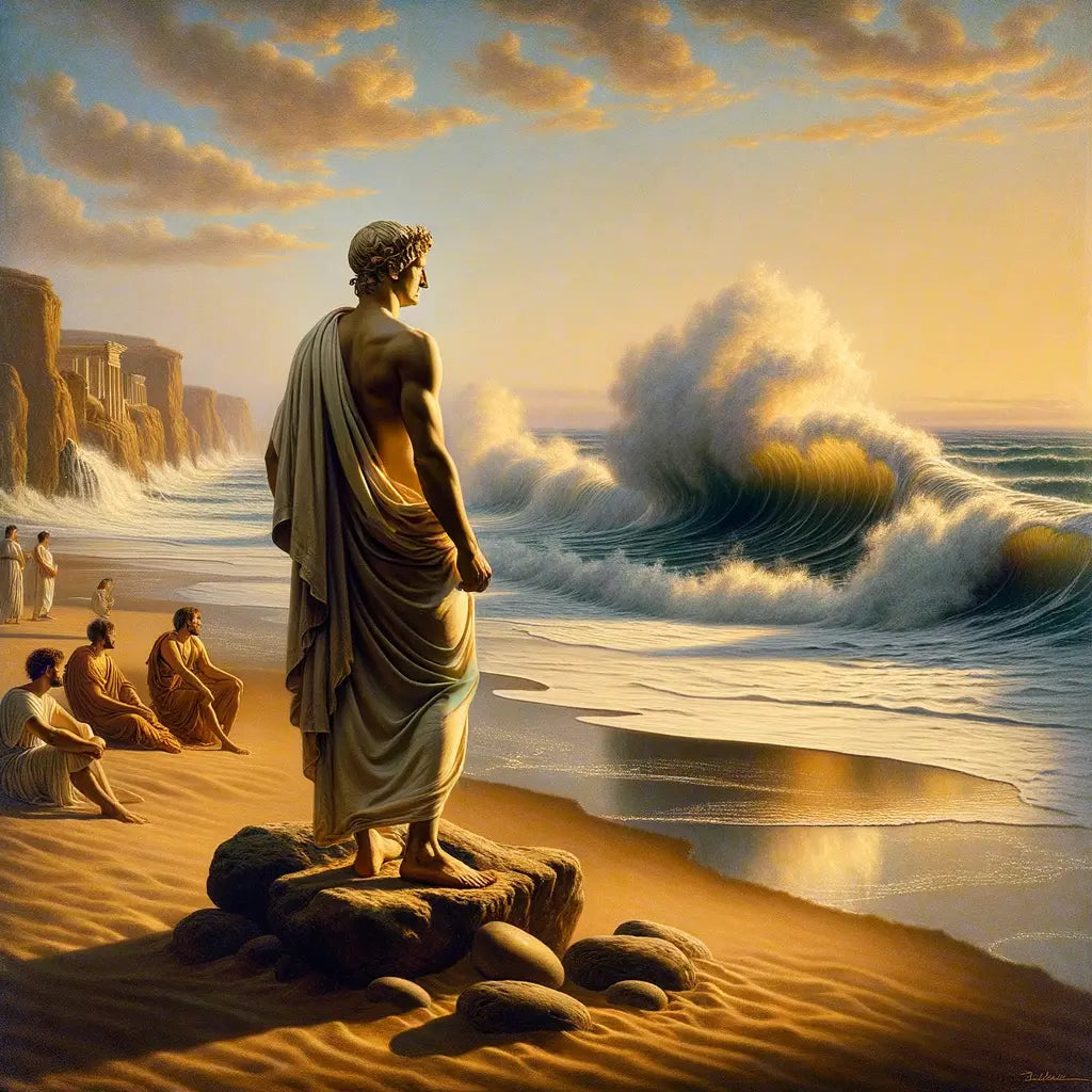 A Roman philosopher stands contemplatively on a serene beach, waves crashing behind him, symbolizing the meeting of external chaos with inner stoic peace, inspired by 1960s historical epic films.