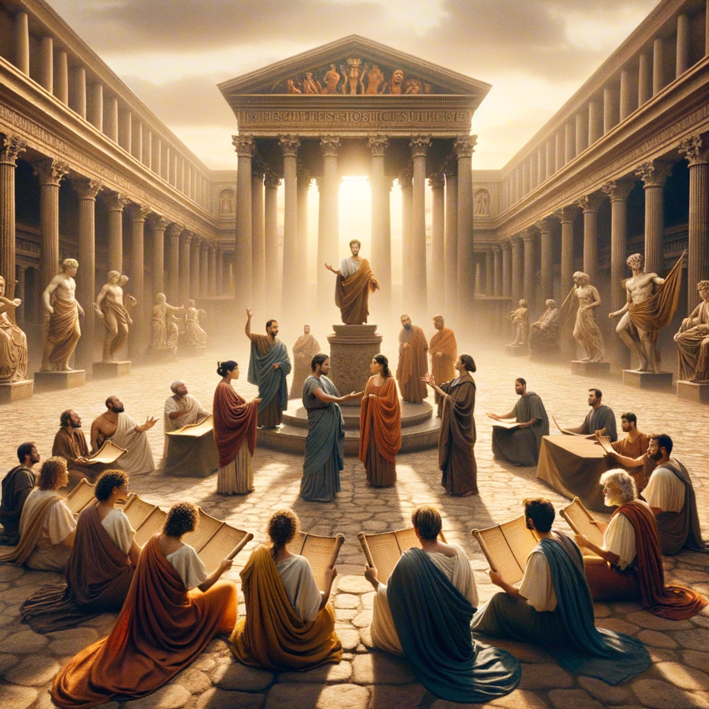 Roman philosophers discussing Stoic virtues in the Agora of Athens, inspired by classic 1960s historical epic films.