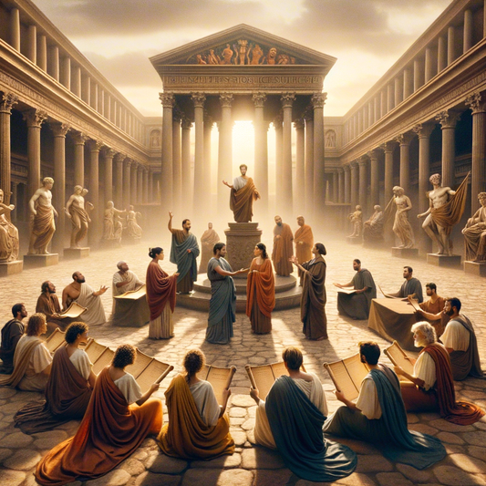 Roman philosophers discussing Stoic virtues in the Agora of Athens, inspired by classic 1960s historical epic films.