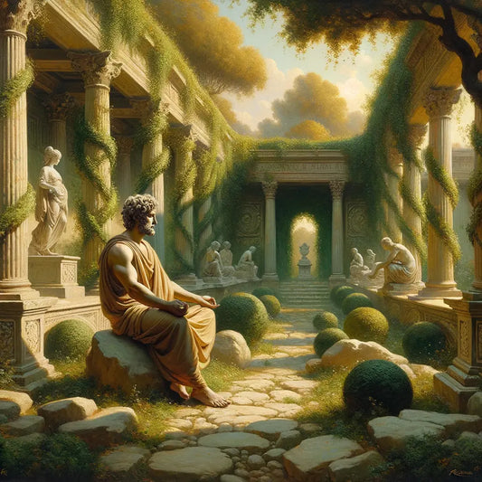 Stoic philosopher meditating in a lush ancient stone garden, with Roman architecture and climbing vines, inspired by 1960s historical films.