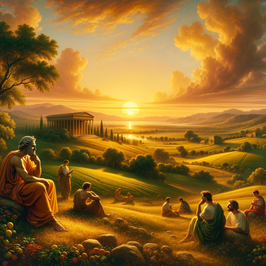 Illuminating scene of a Roman field at sunset, with philosophers in quiet contemplation, styled in the manner of classic 1960s historical epics.