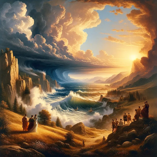A cinematic 1960s-style painting showing a Roman scenic landscape split between stormy chaos and tranquil calm, with contemplative figures observing nature.